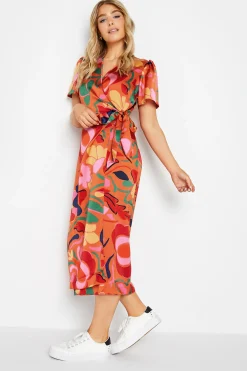 M&Co Womens Orange Floral Print Wrap Dress>Women Wedding Guest Dresses