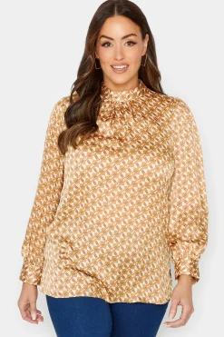 M&Co Womens Orange Geometric Print High Neck Satin Blouse>Women Long Sleeve Tops
