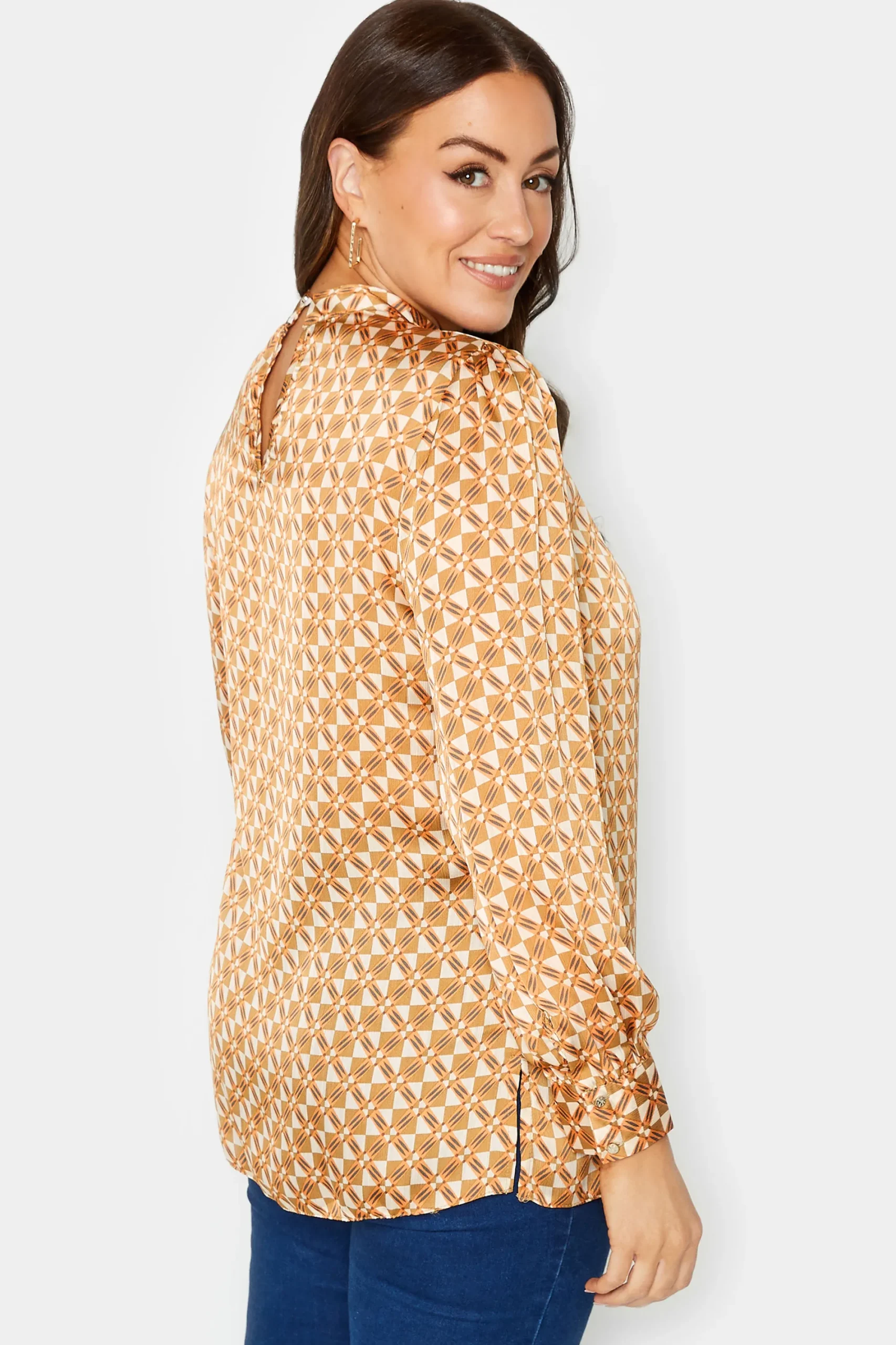 M&Co Womens Orange Geometric Print High Neck Satin Blouse>Women Long Sleeve Tops