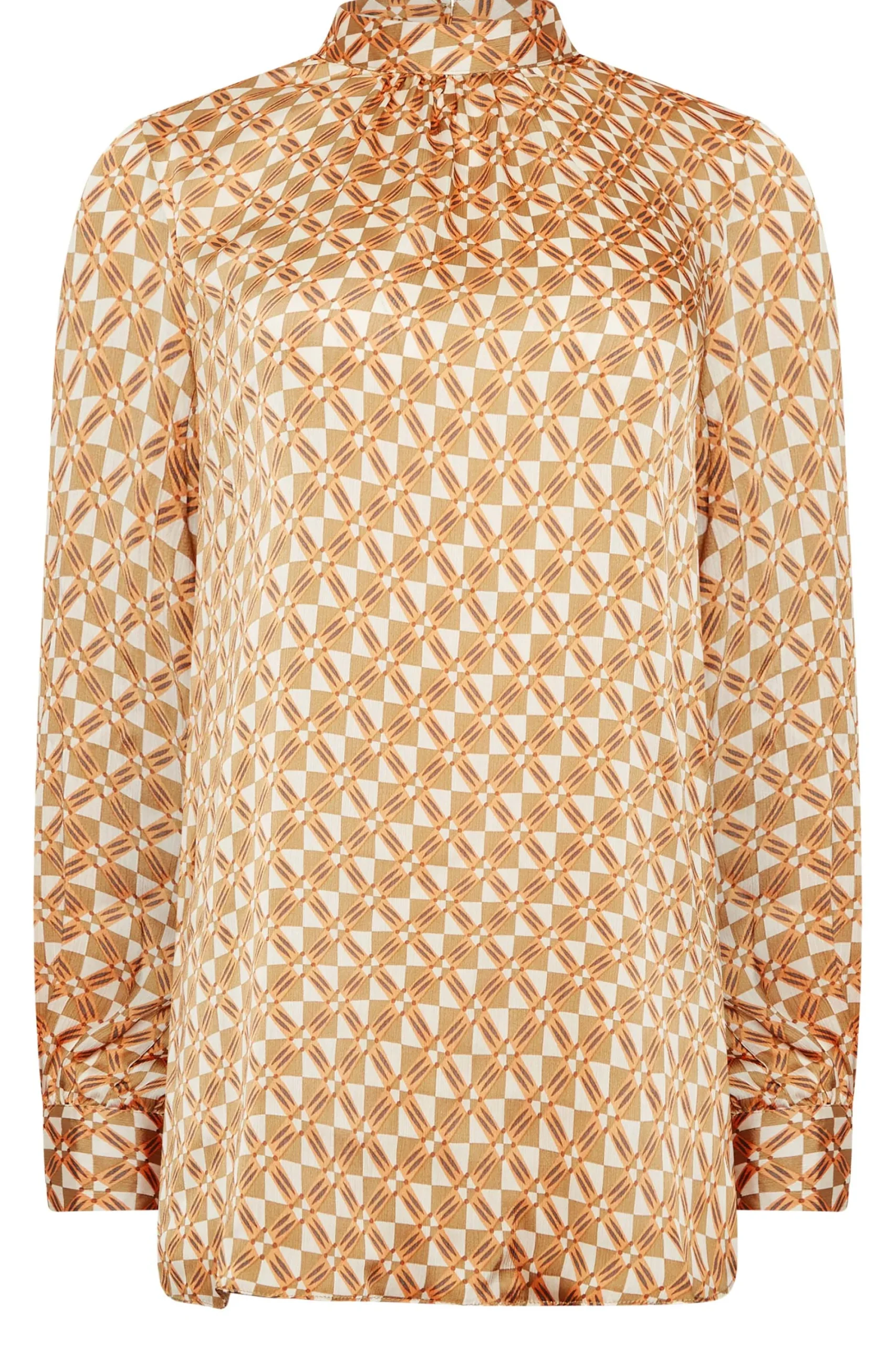 M&Co Womens Orange Geometric Print High Neck Satin Blouse>Women Long Sleeve Tops