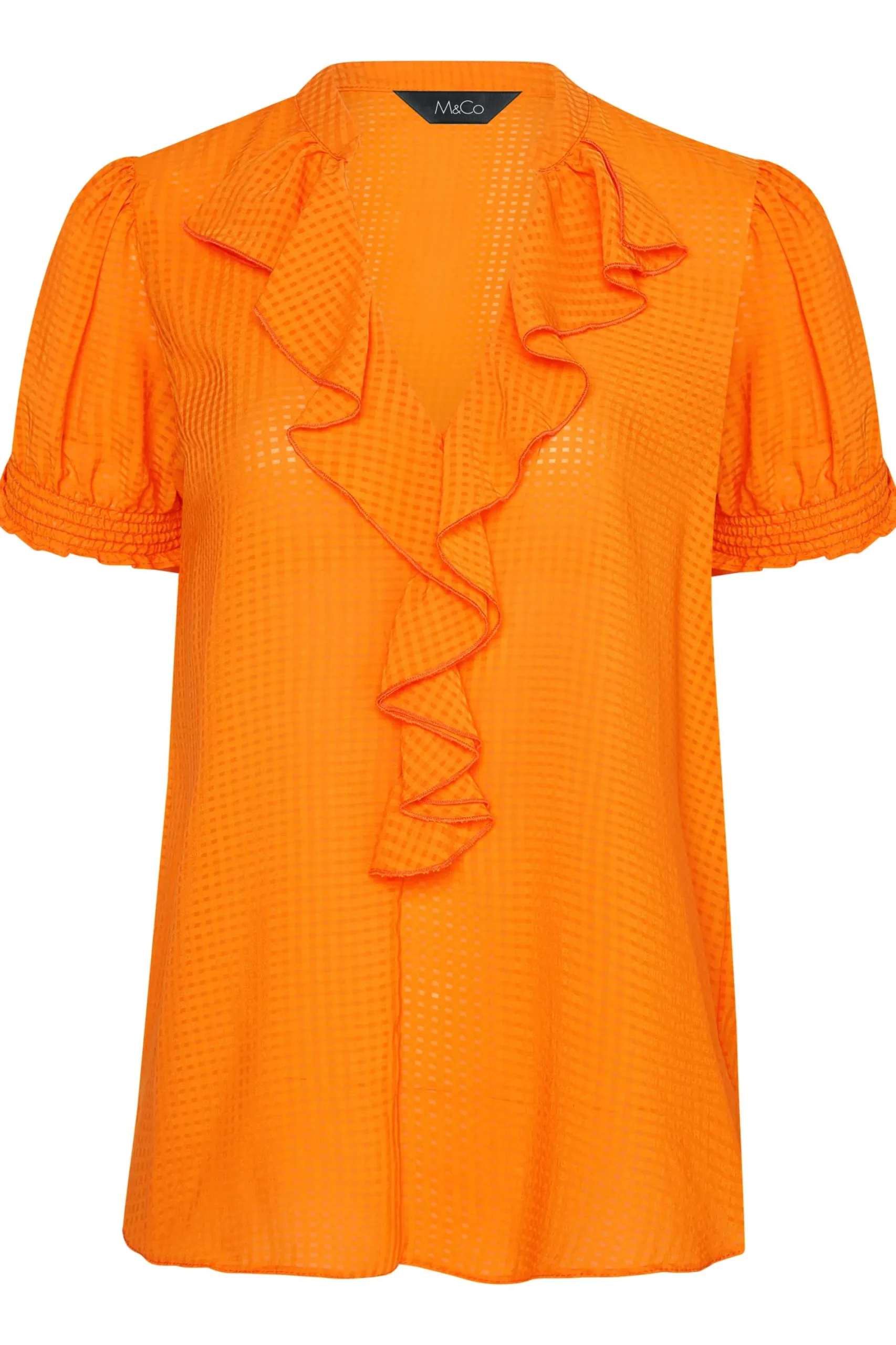 M&Co Womens Orange Gingham Frill Front Blouse>Women Short Sleeve Tops