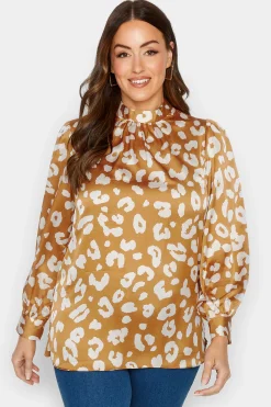M&Co Womens Orange Leopard Print High Neck Satin Blouse>Women Long Sleeve Tops