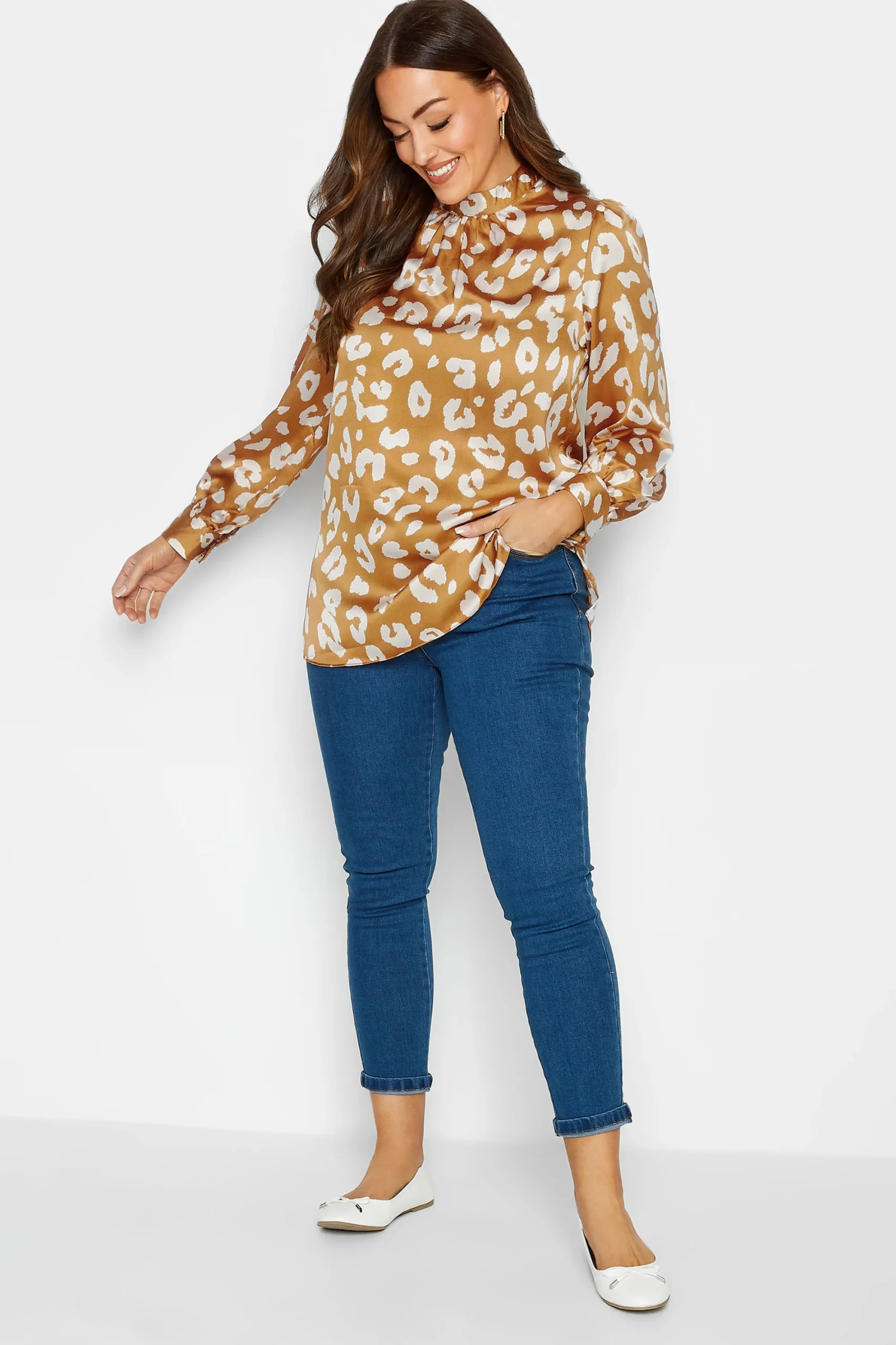 M&Co Womens Orange Leopard Print High Neck Satin Blouse>Women Long Sleeve Tops