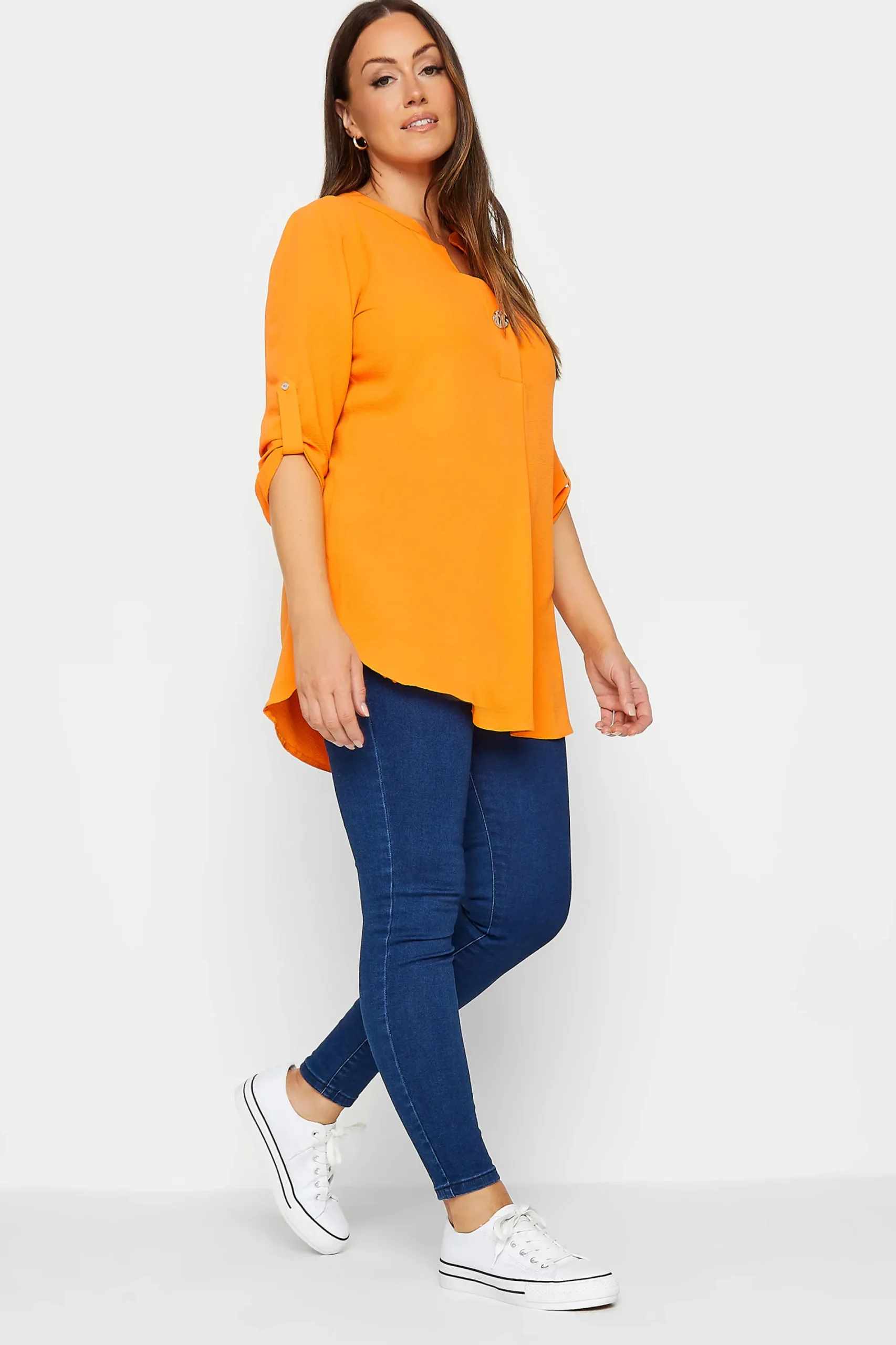 M&Co Womens Orange Statement Button Tab Sleeve Shirt>Women Shirts