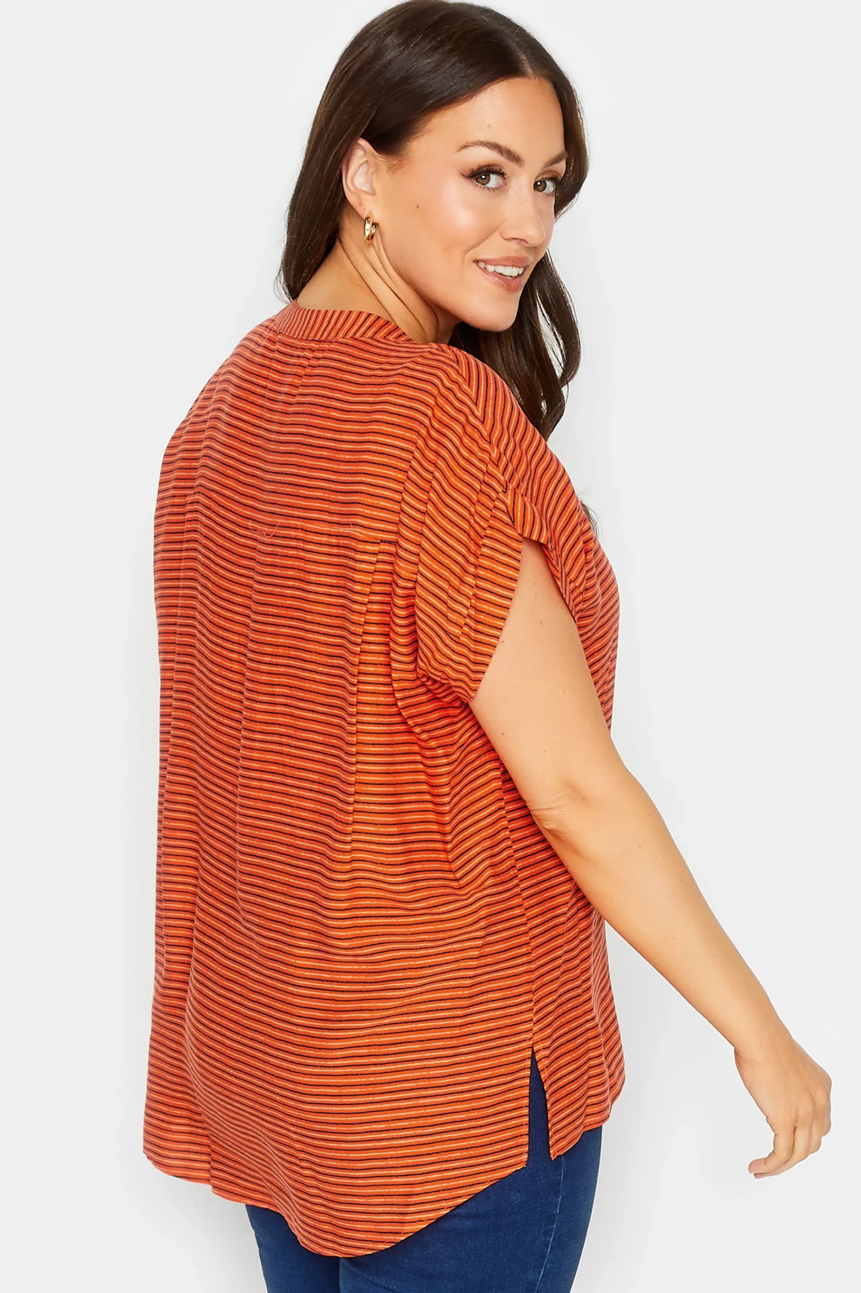 M&Co Womens Orange Stripe Grown On Sleeve Top>Women Short Sleeve Tops