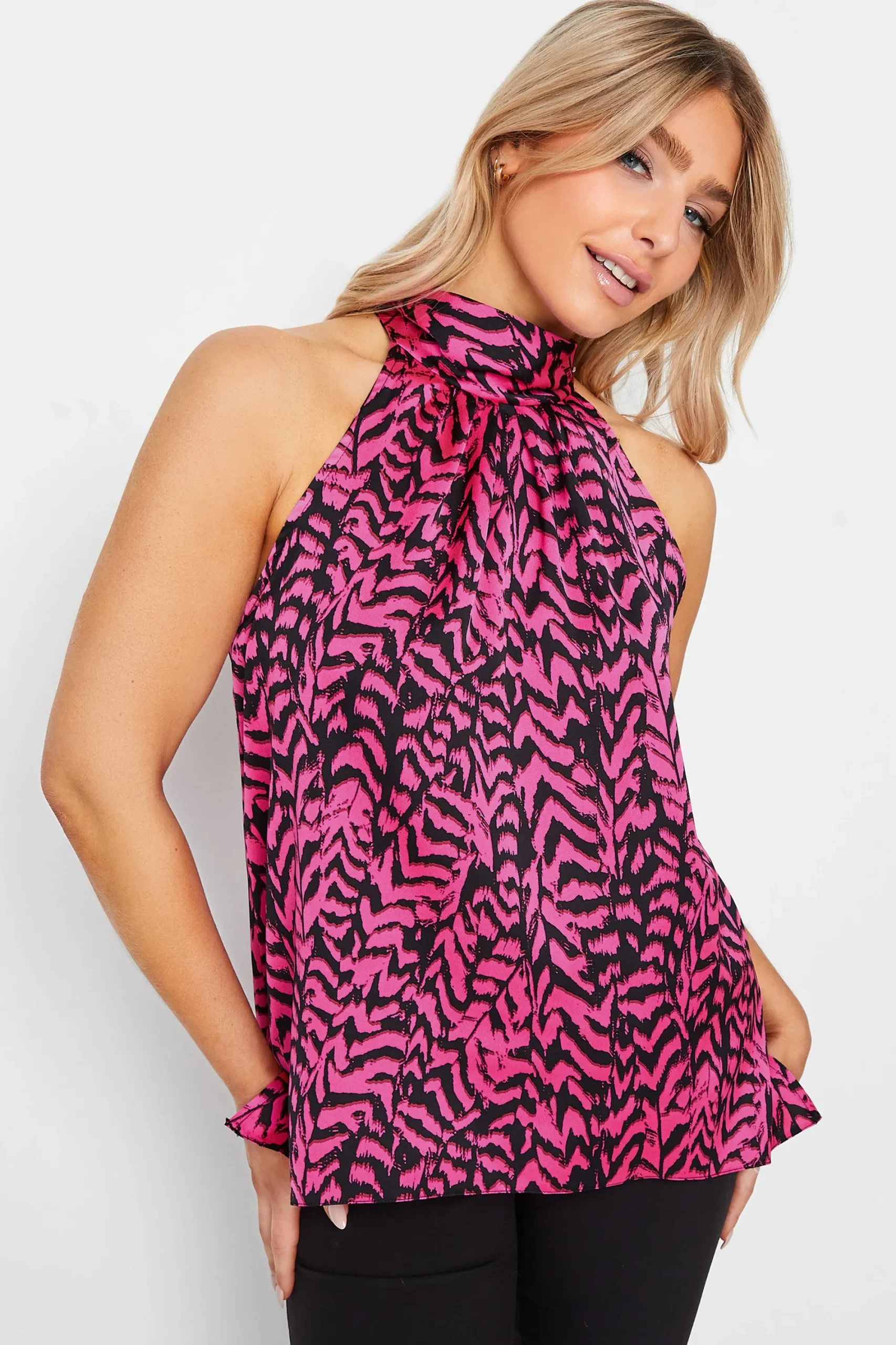 M&Co Womens Pink Animal Print Halterneck Blouse>Women Short Sleeve Tops