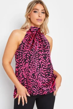 M&Co Womens Pink Animal Print Halterneck Blouse>Women Short Sleeve Tops