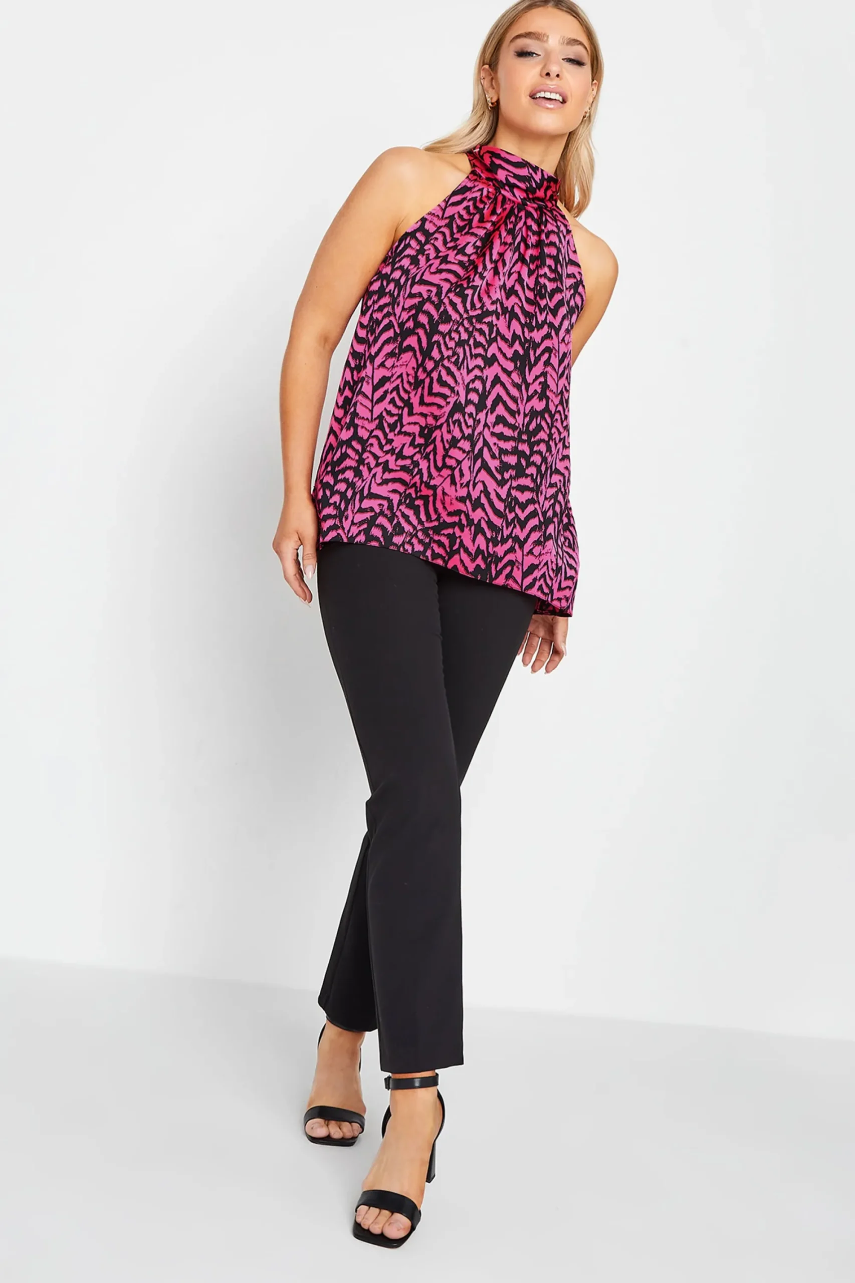 M&Co Womens Pink Animal Print Halterneck Blouse>Women Short Sleeve Tops