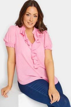 M&Co Womens Pink Check Frill Blouse>Women Short Sleeve Tops