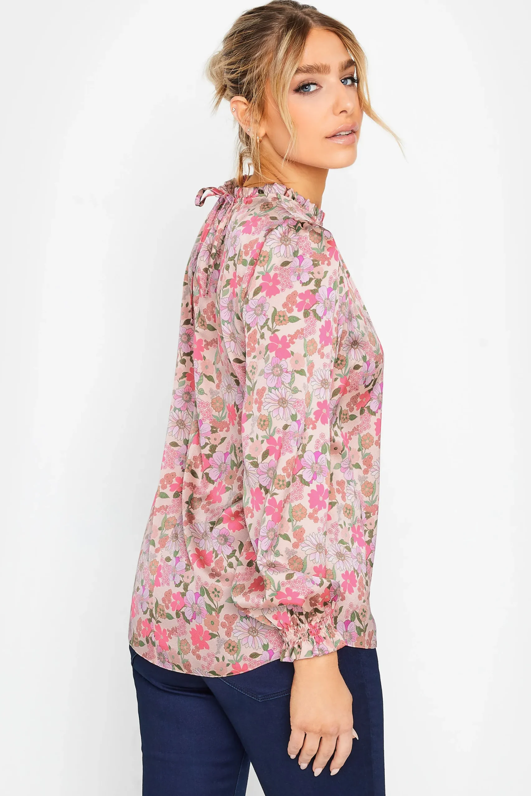 M&Co Womens Pink Floral Print Frill Neck Blouse>Women Long Sleeve Tops