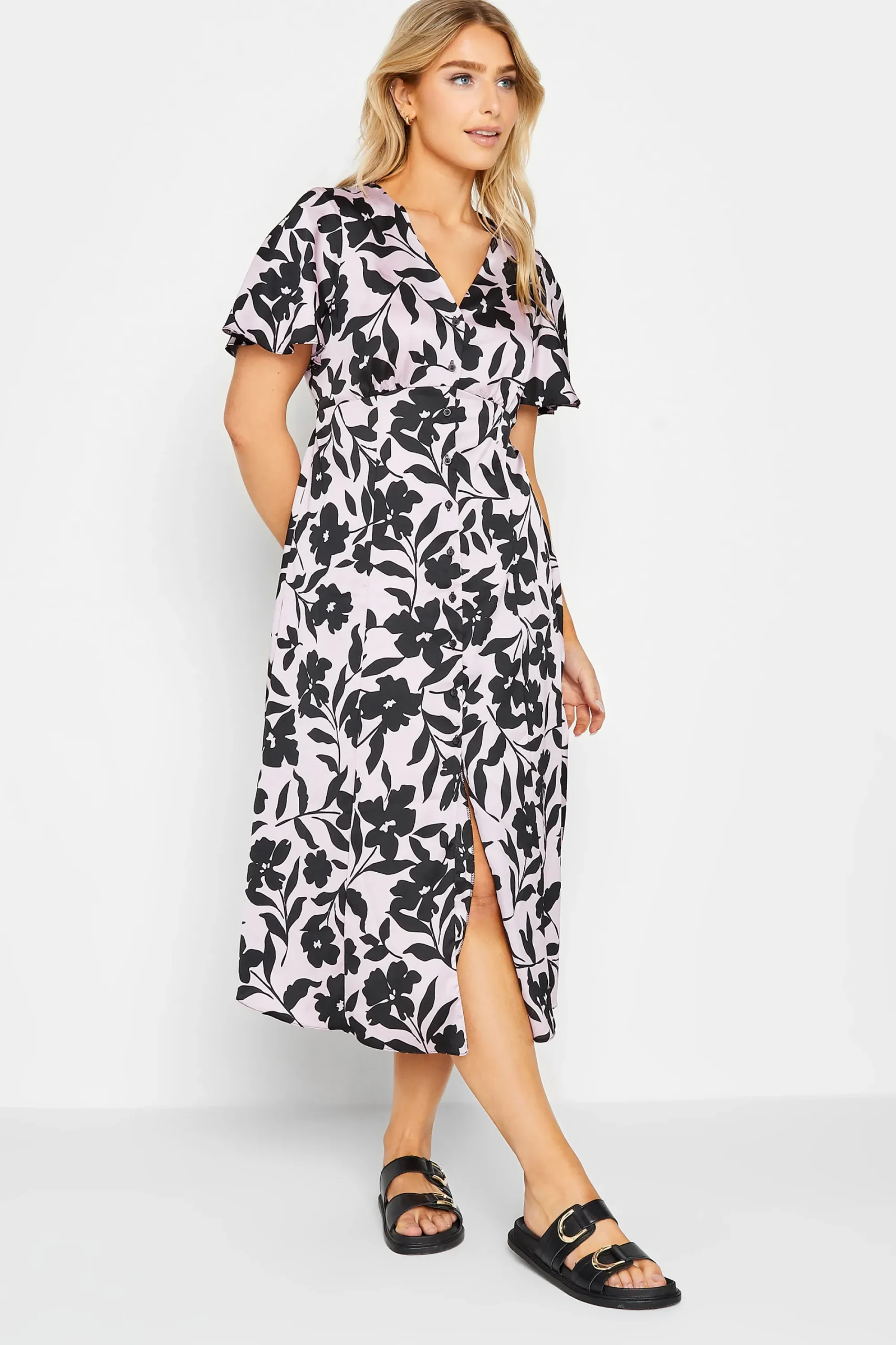 M&Co Womens Pink Floral Midi Tea Dress>Women Wedding Guest Dresses
