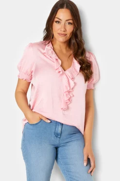 M&Co Womens Pink Frill Satin Blouse>Women Short Sleeve Tops