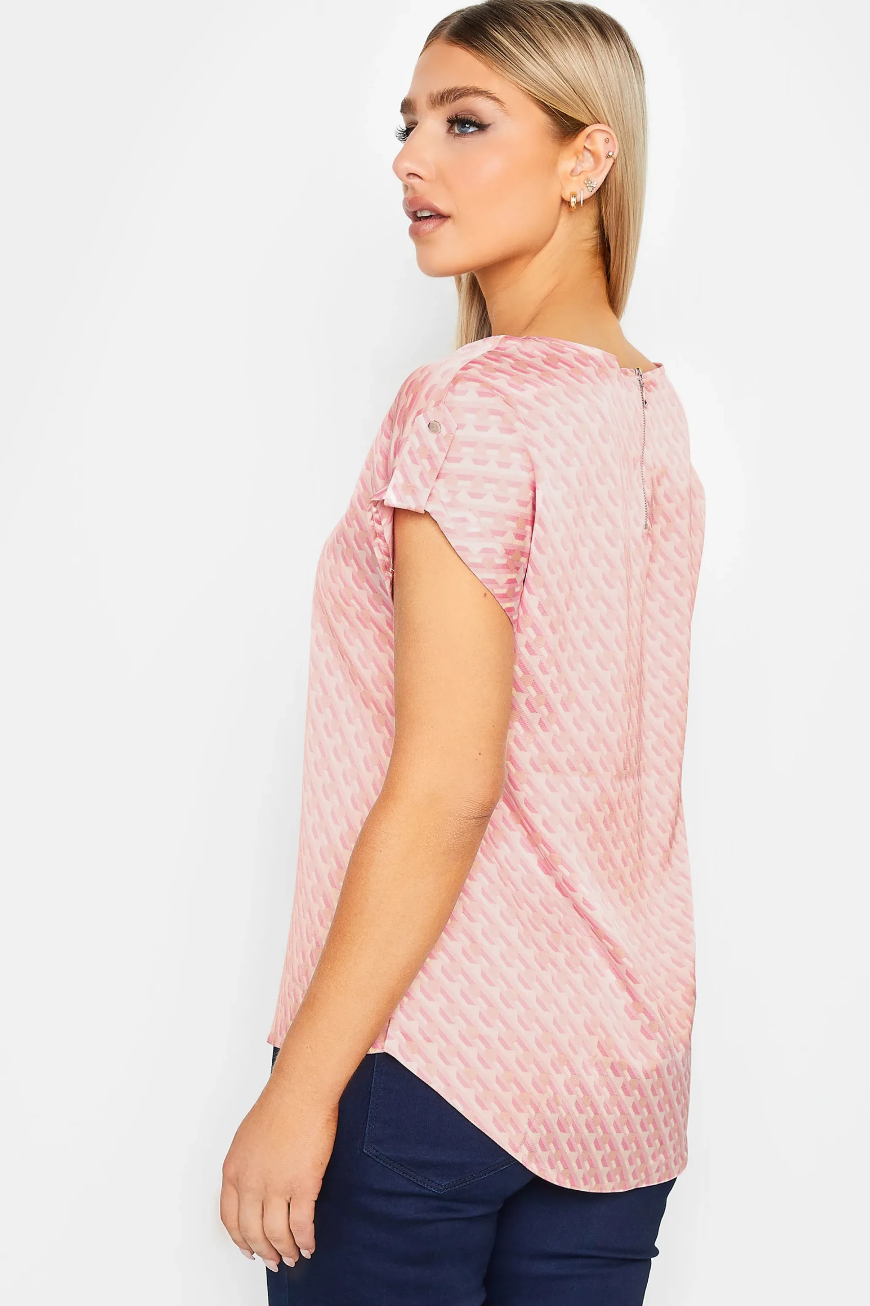 M&Co Womens Pink Geometric Print Blouse>Women Short Sleeve Tops
