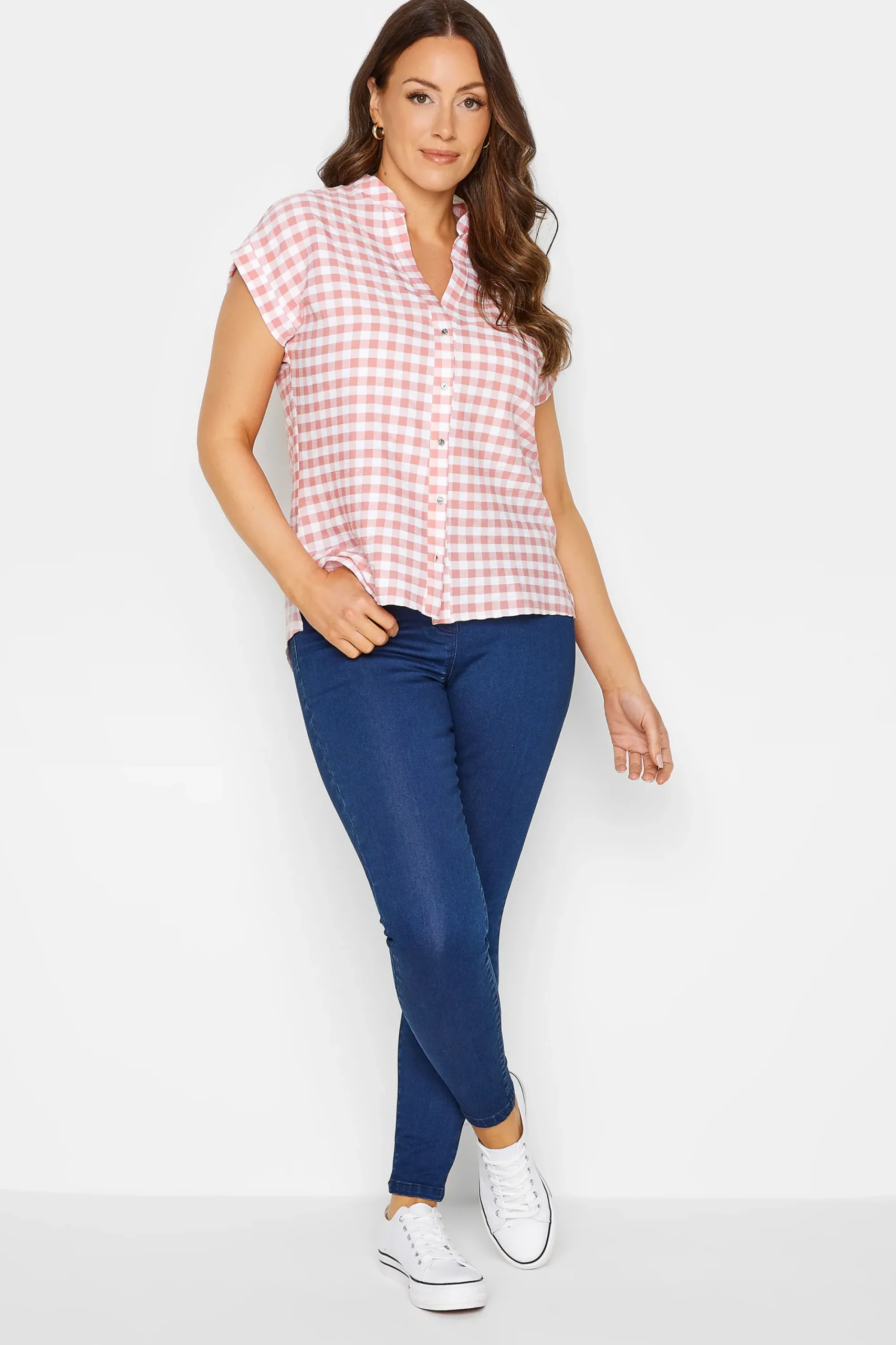 M&Co Womens Pink Gingham Short Sleeve Shirt>Women Short Sleeve Tops