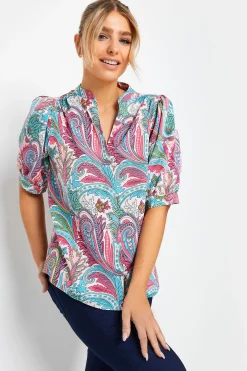 M&Co Womens Pink Paisley Print Puff Sleeve Shirt>Women Short Sleeve Tops