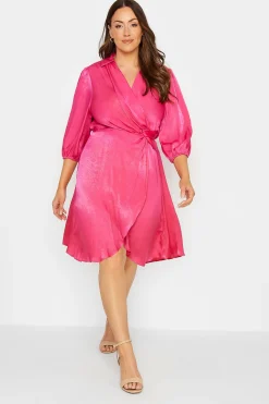 M&Co Womens Pink Satin Wrap Dress>Women Wedding Guest Dresses