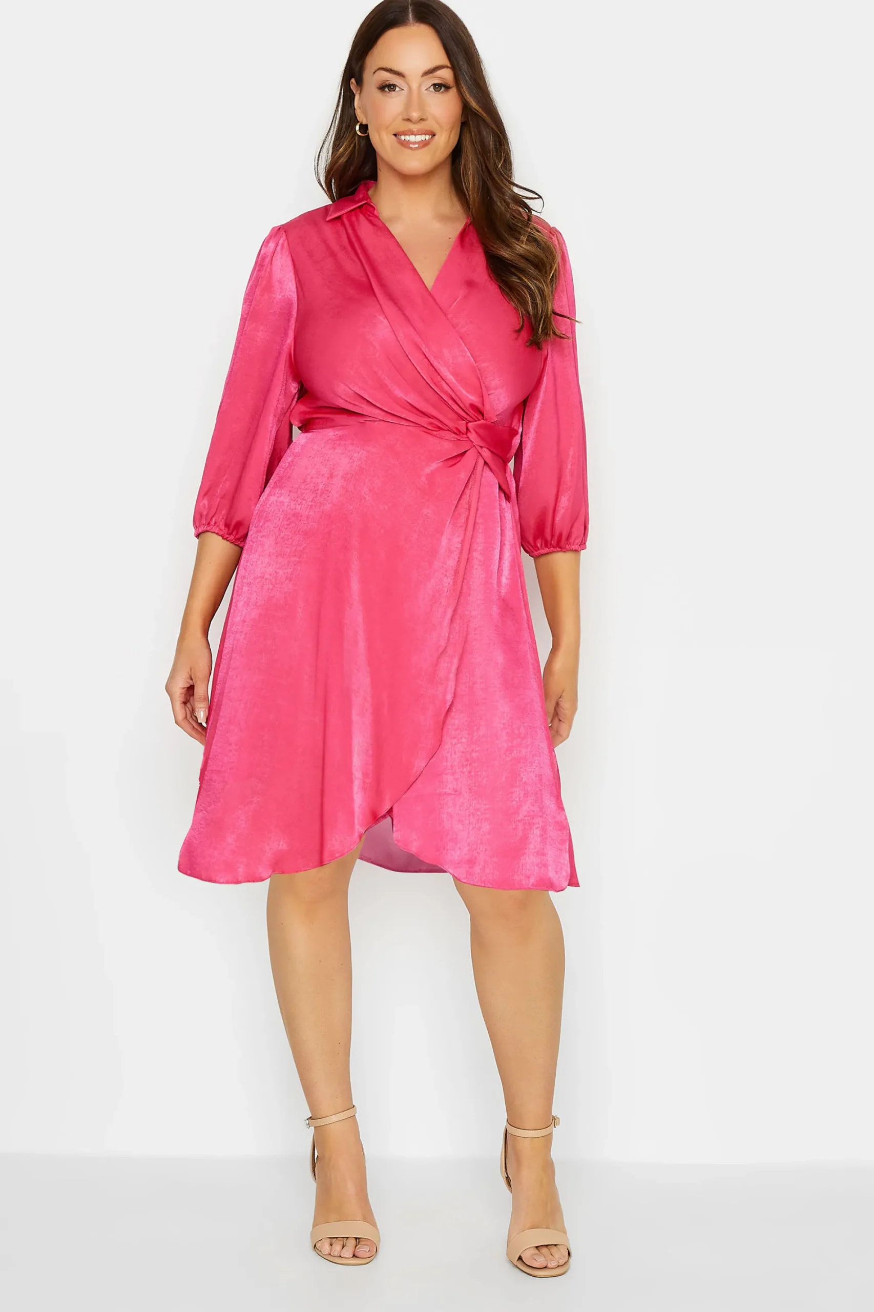 M&Co Womens Pink Satin Wrap Dress>Women Wedding Guest Dresses