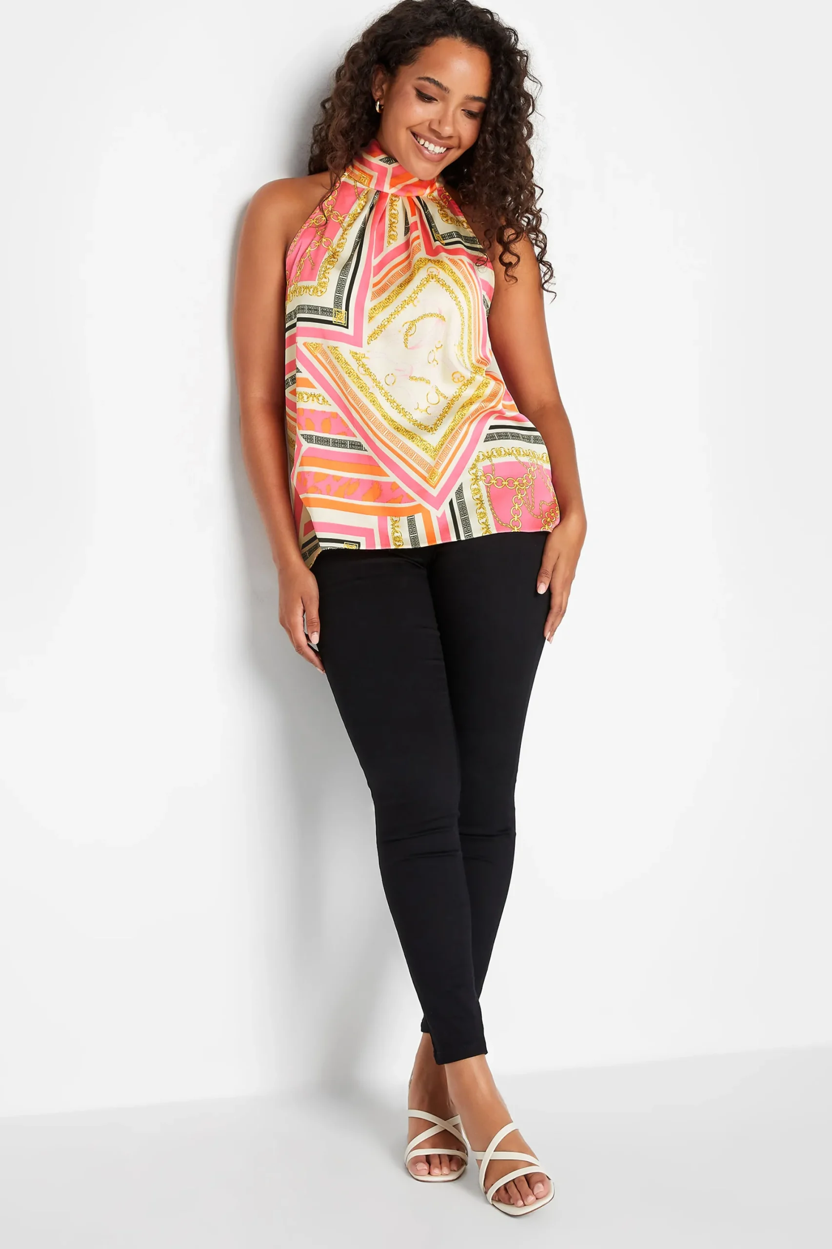 M&Co Womens Pink Scarf Print Halter Neck Blouse>Women Short Sleeve Tops