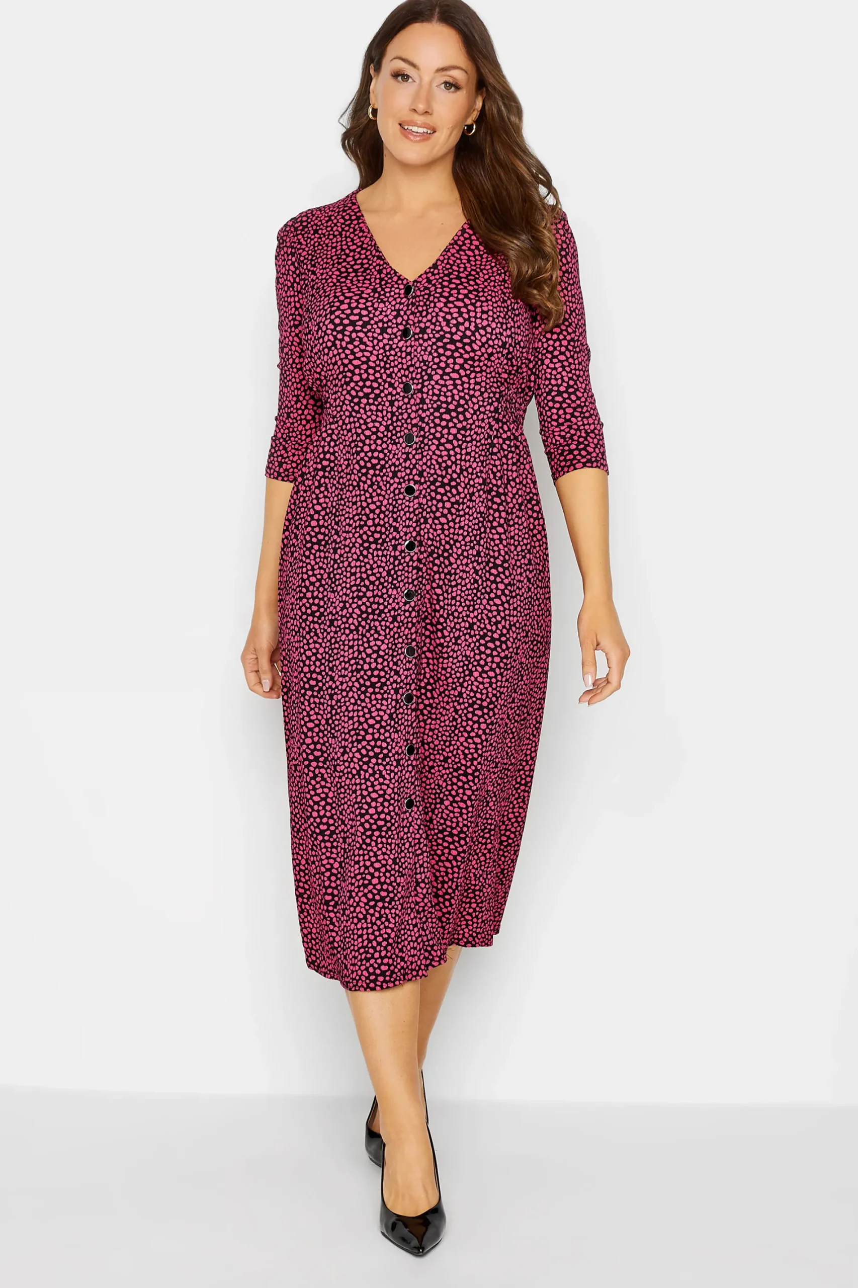 M&Co Womens Pink Spot Print Button Through Midi Dress>Women Wedding Guest Dresses