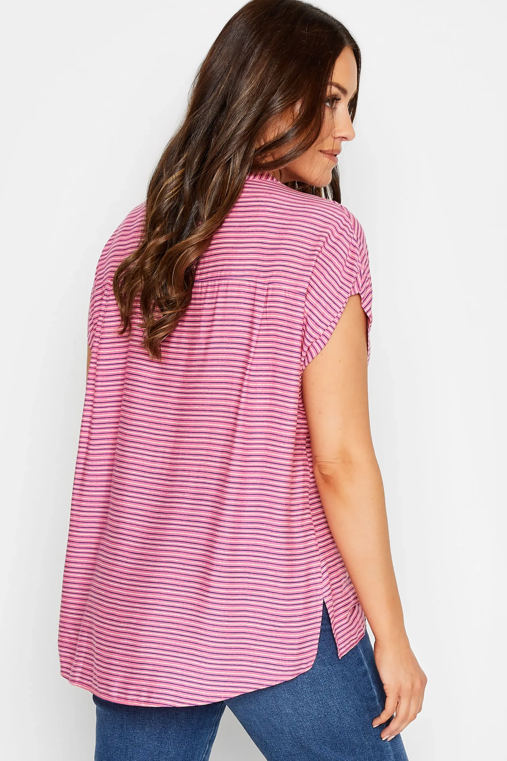 M&Co Womens Pink Stripe Grown On Sleeve Top>Women Short Sleeve Tops