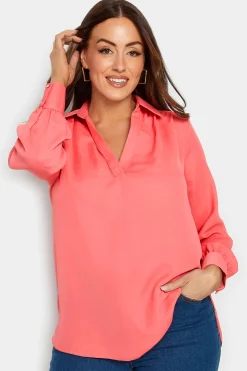 M&Co Womens Pink V-Neck Collared Blouse>Women Long Sleeve Tops