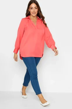 M&Co Womens Pink V-Neck Collared Blouse>Women Long Sleeve Tops