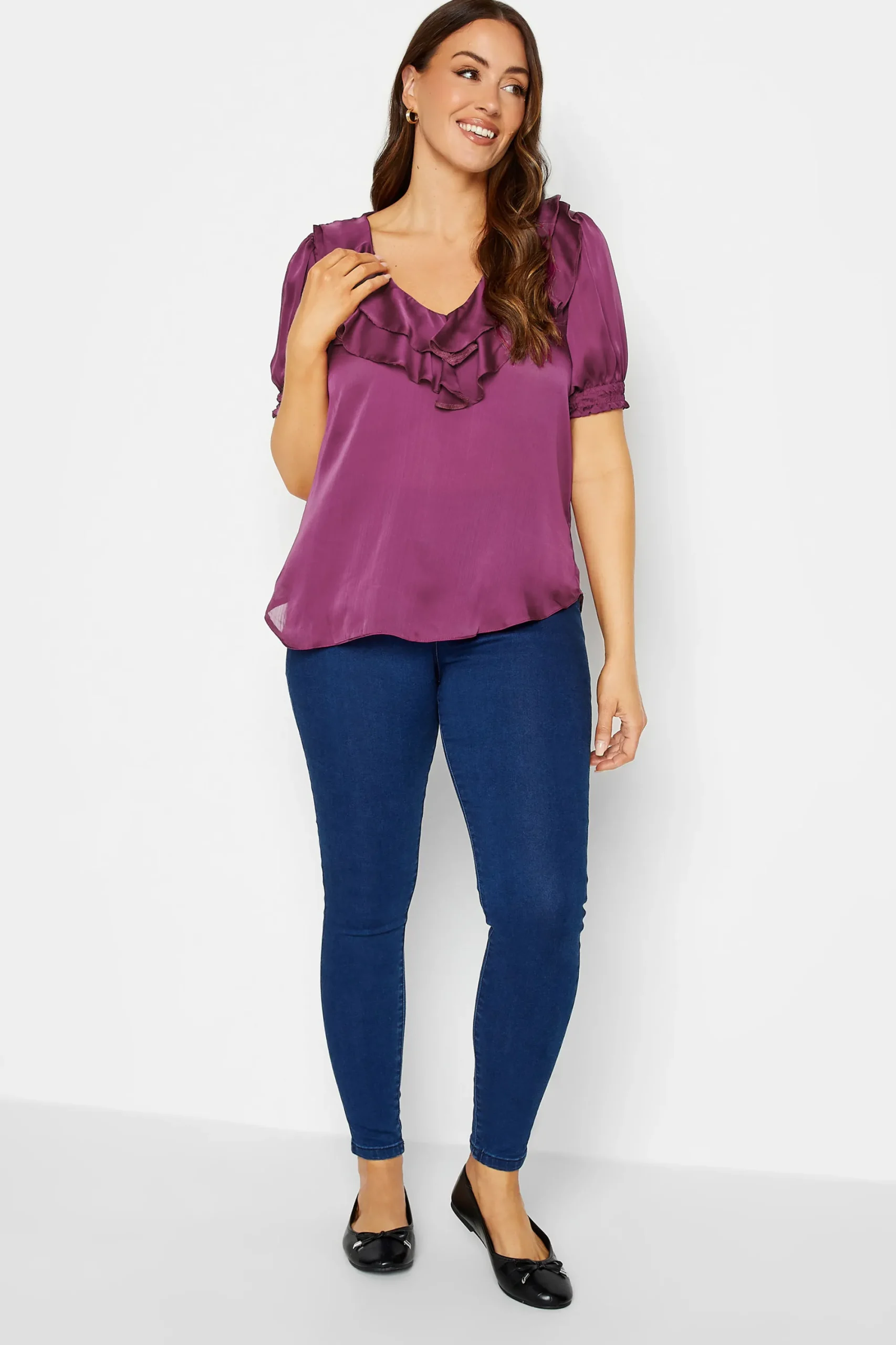 M&Co Womens Purple Frill Front Satin Blouse>Women Short Sleeve Tops