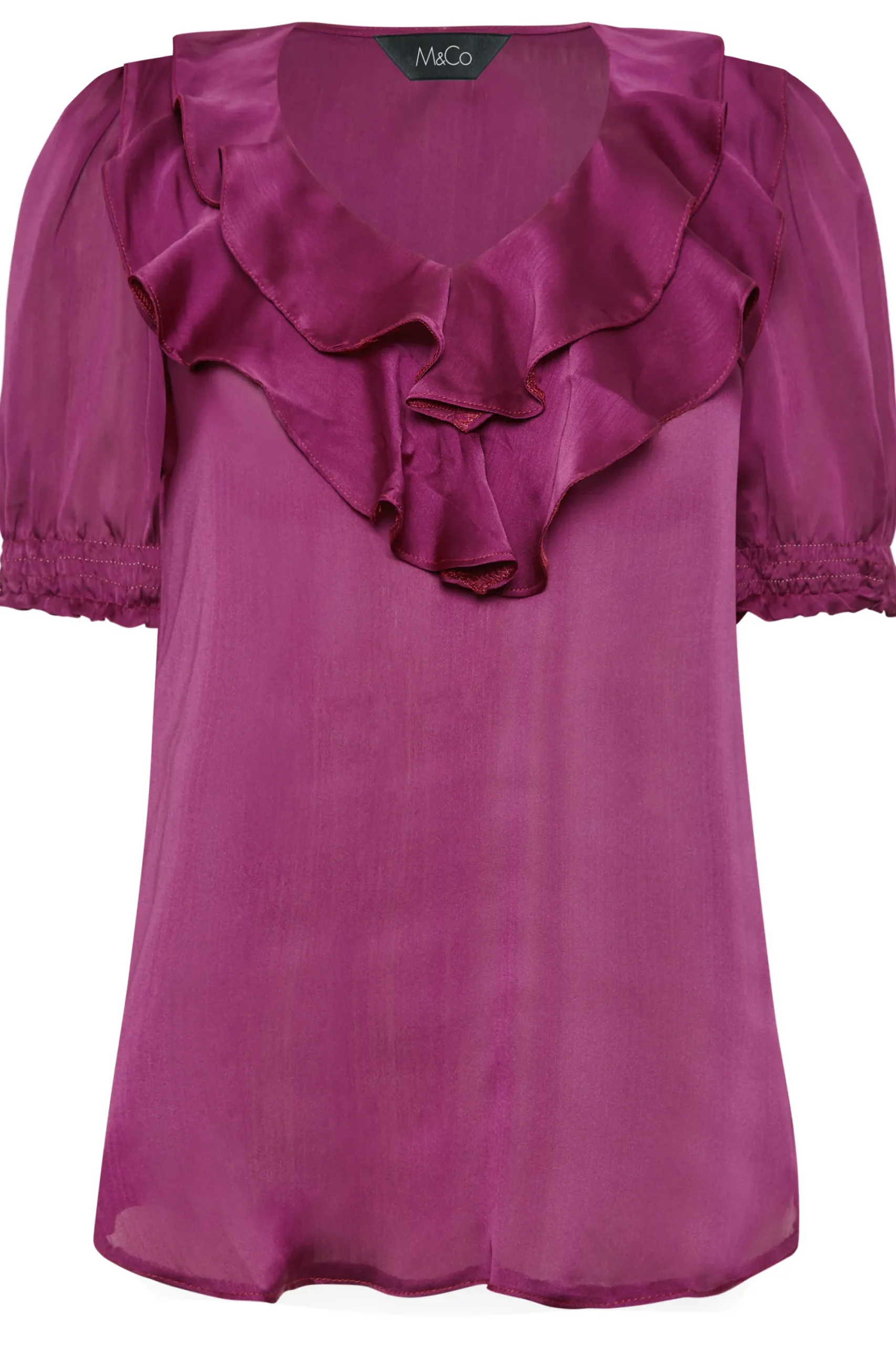 M&Co Womens Purple Frill Front Satin Blouse>Women Short Sleeve Tops