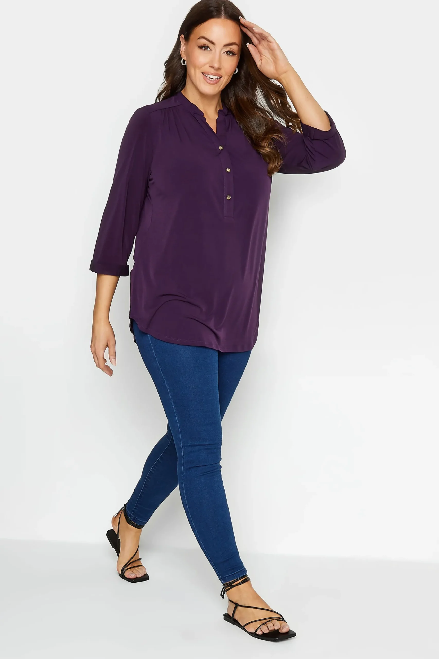M&Co Womens Purple Half Placket Shirt>Women Shirts