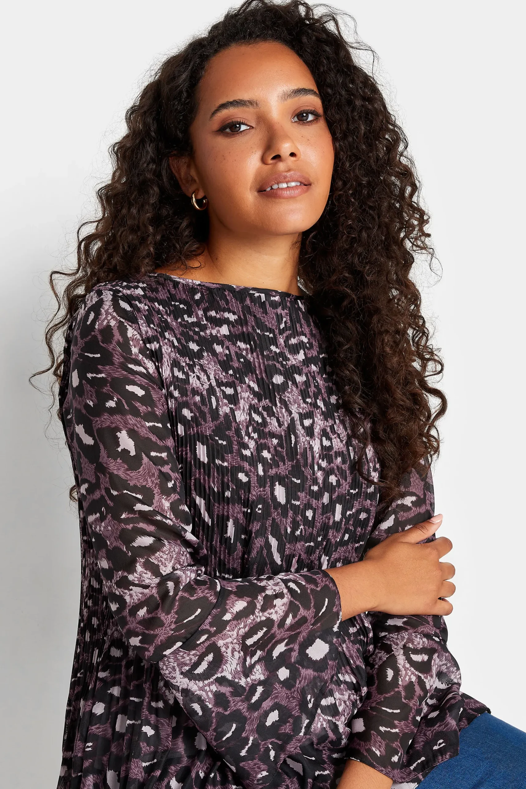 M&Co Womens Purple Leopard Print Pleat Blouse>Women Long Sleeve Tops
