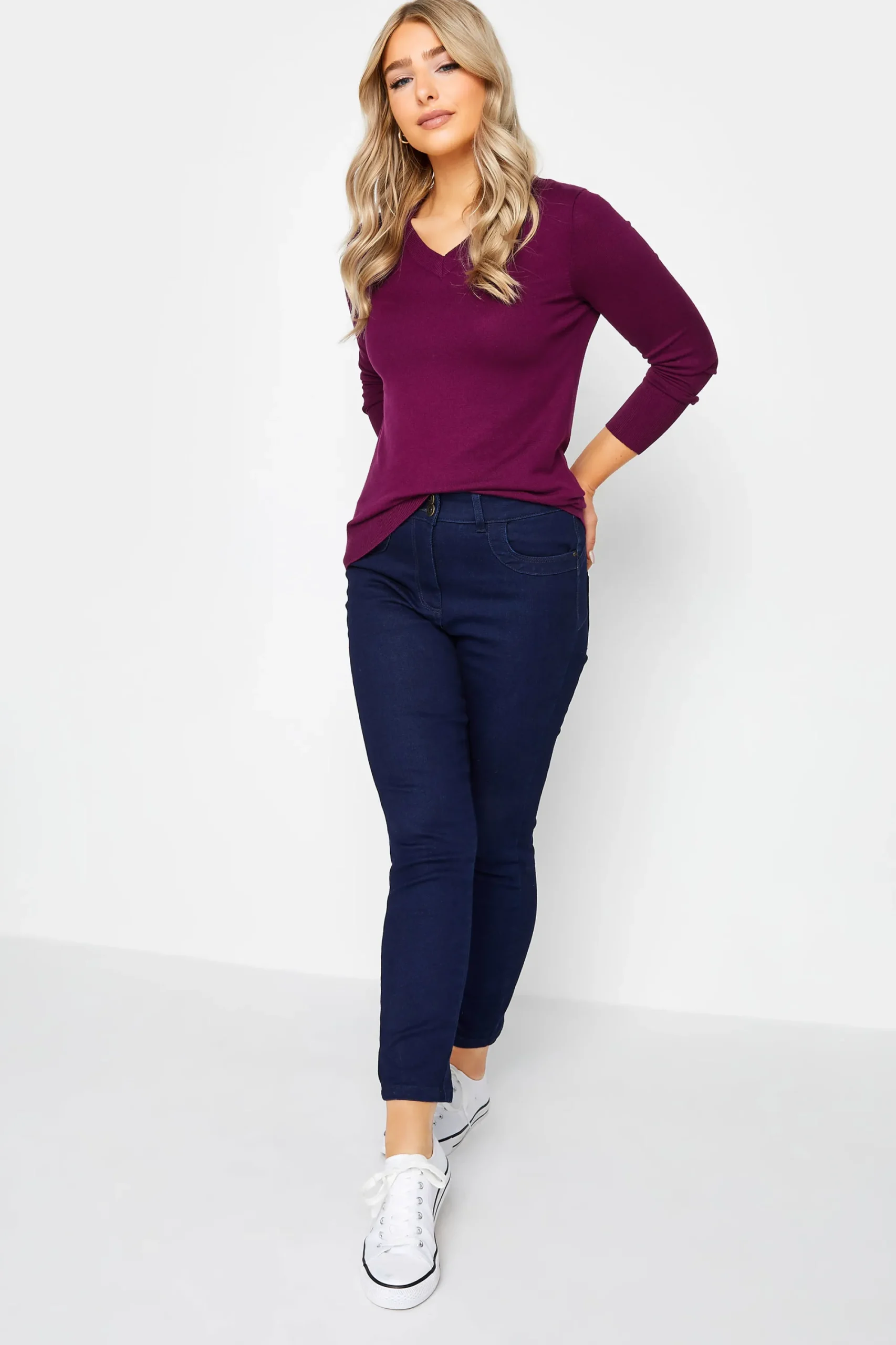 M&Co Womens Purple Long Sleeve V-Neck Jumper>Women Long Sleeve Tops