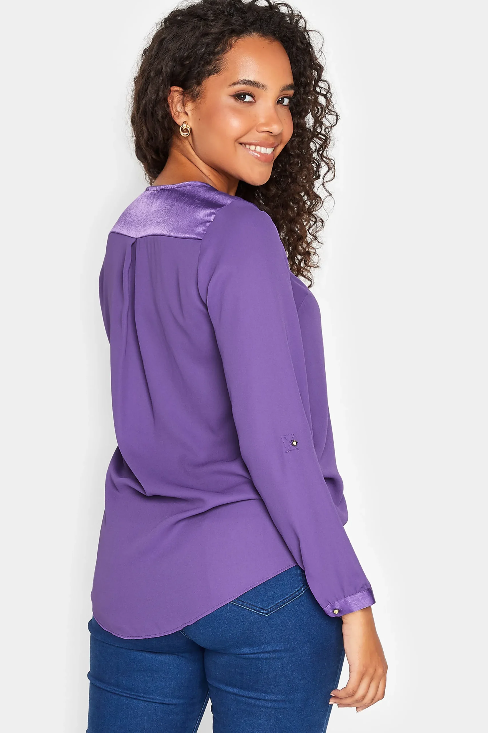 M&Co Womens Purple Satin Contrast Panel Shirt>Women Shirts