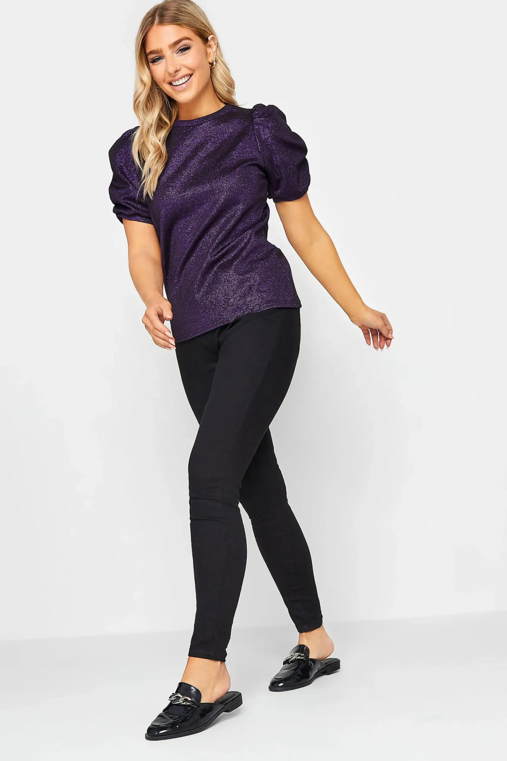 M&Co Womens Purple Shimmer Ruched Sleeve Blouse>Women Blouses