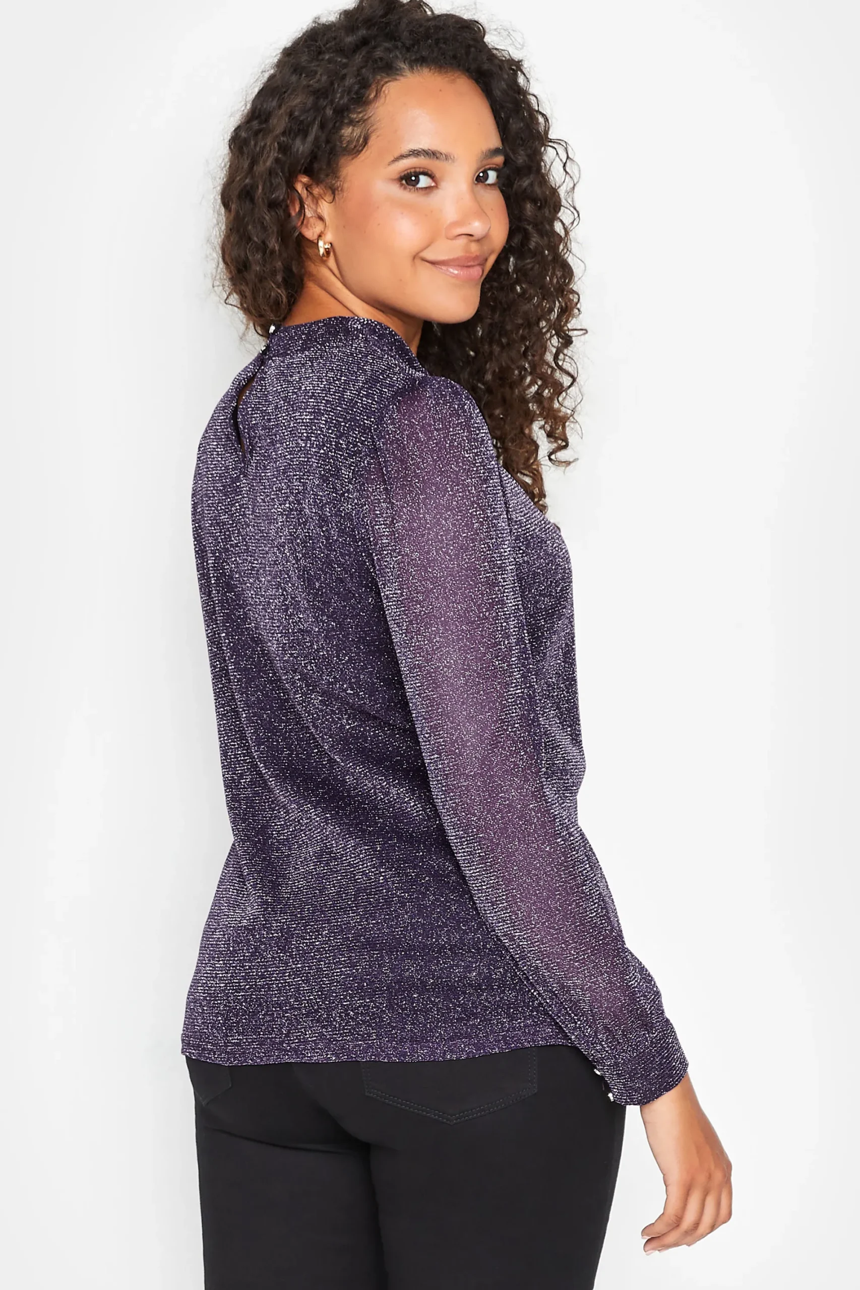 M&Co Womens Purple Shimmer Keyhole Blouse>Women Long Sleeve Tops