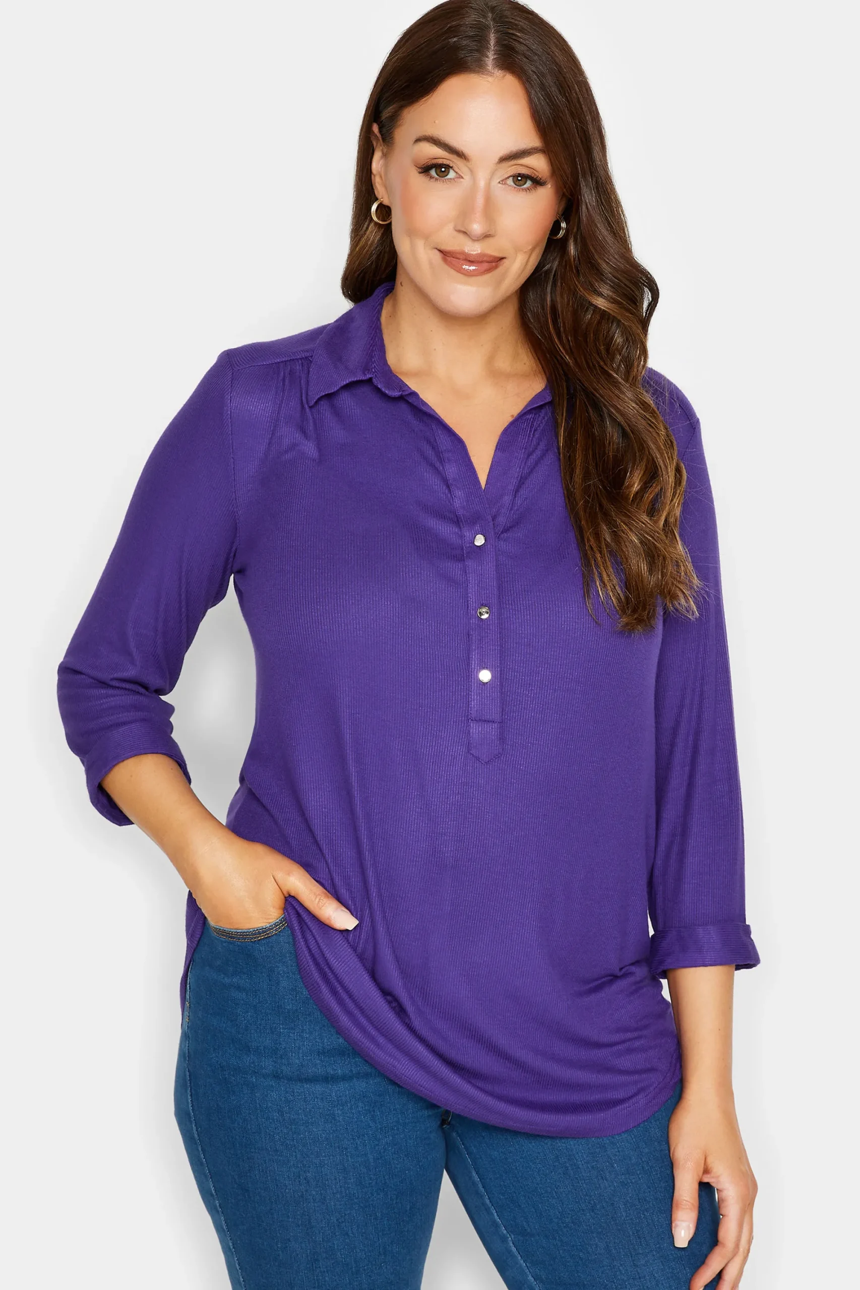 M&Co Womens Purple V-Neck Half Placket Shirt>Women Shirts