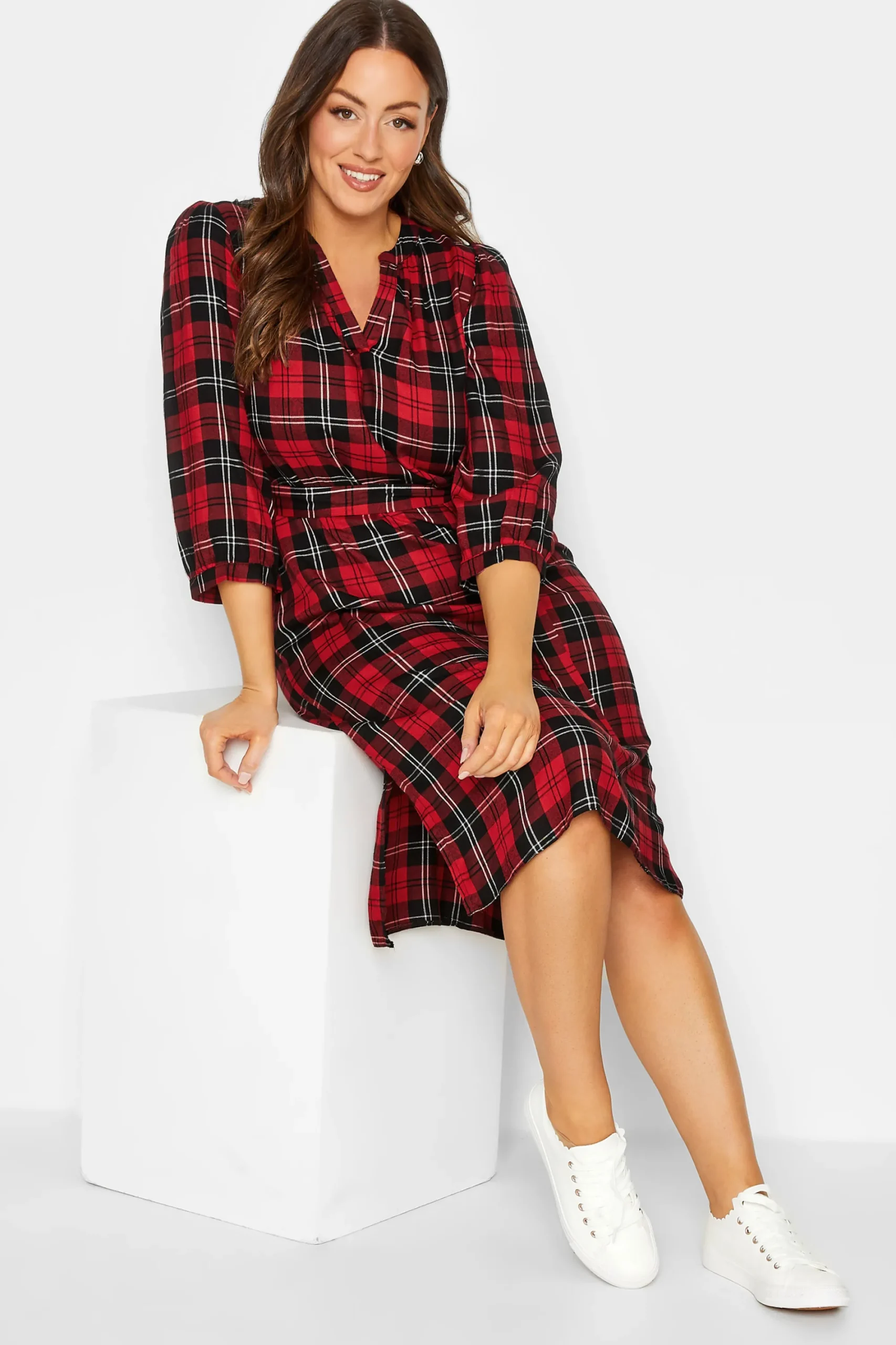 M&Co Womens Red & Black Check Tie Waist Tunic Dress>Women Shirt Dresses