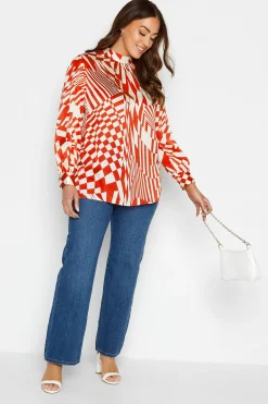 M&Co Womens Red & White Abstract Print High Neck Satin Blouse><noscript><img width=