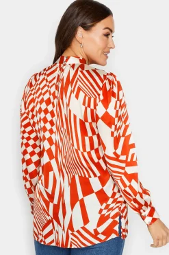 M&Co Womens Red & White Abstract Print High Neck Satin Blouse><noscript><img width=