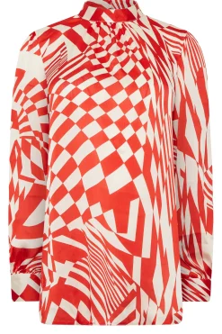 M&Co Womens Red & White Abstract Print High Neck Satin Blouse><noscript><img width=