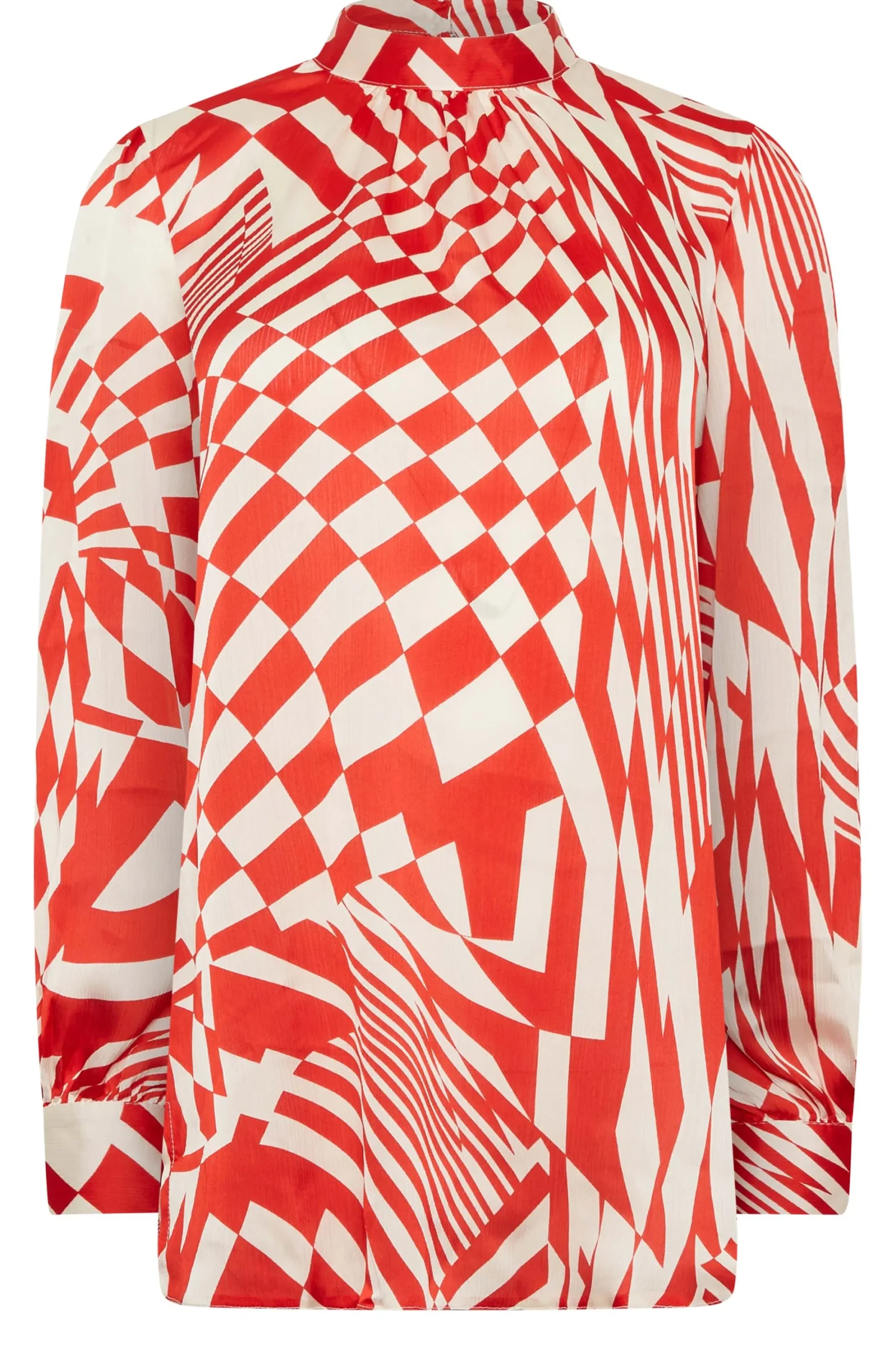 M&Co Womens Red & White Abstract Print High Neck Satin Blouse>Women Long Sleeve Tops