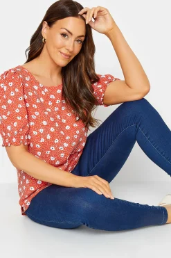 M&Co Womens Red Daisy Print Blouse>Women Short Sleeve Tops