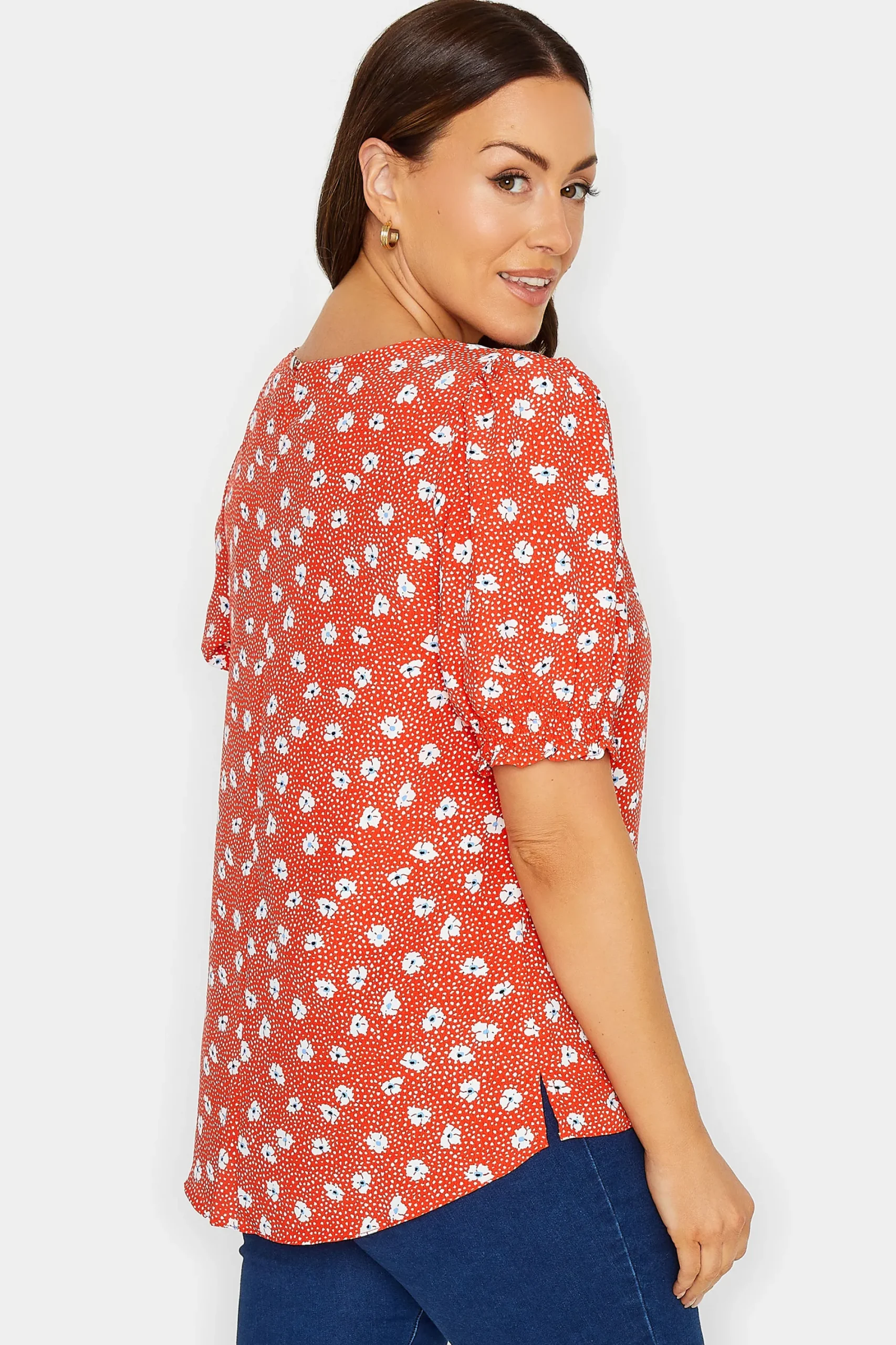 M&Co Womens Red Daisy Print Blouse>Women Short Sleeve Tops
