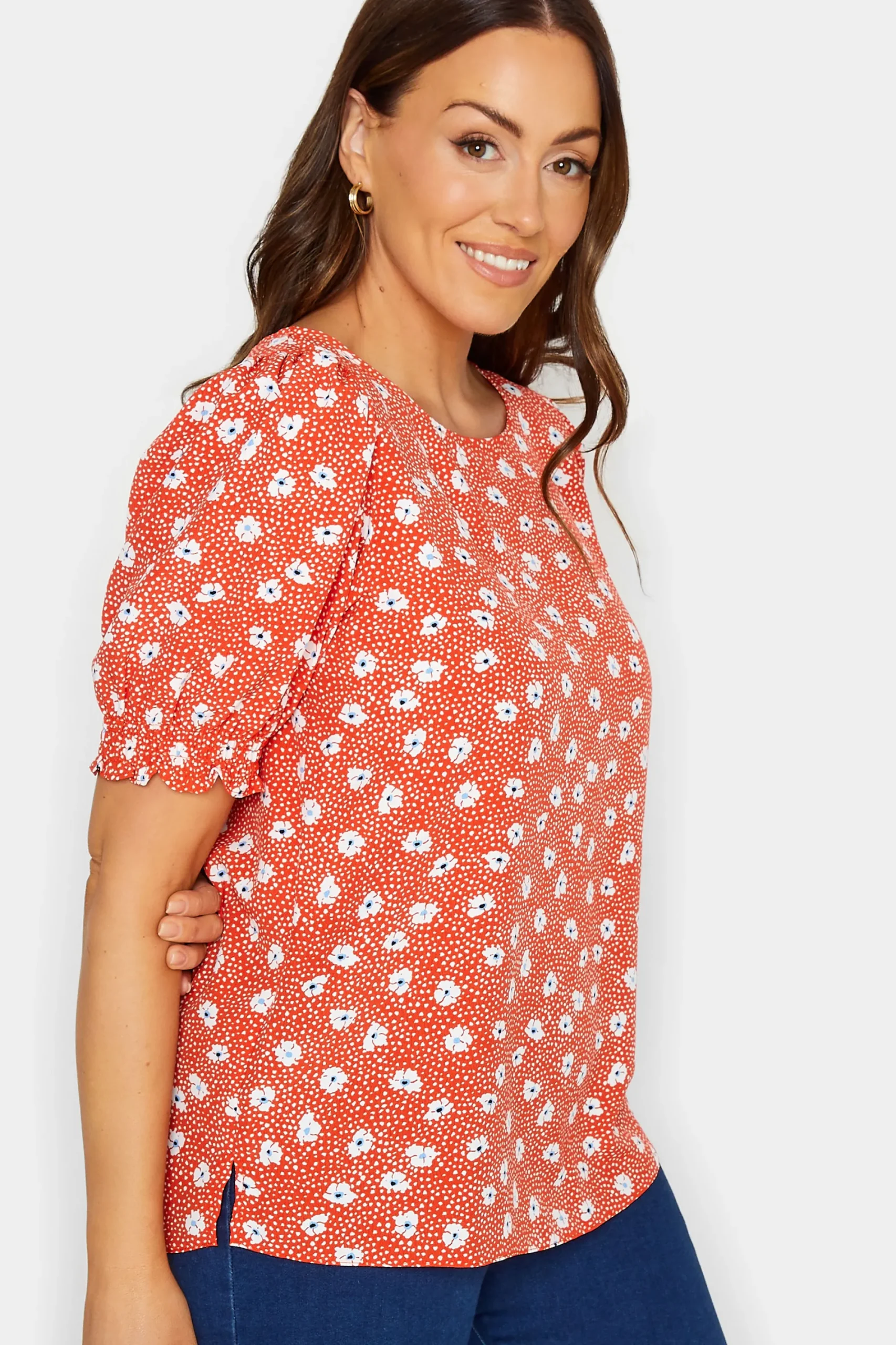 M&Co Womens Red Daisy Print Blouse>Women Short Sleeve Tops