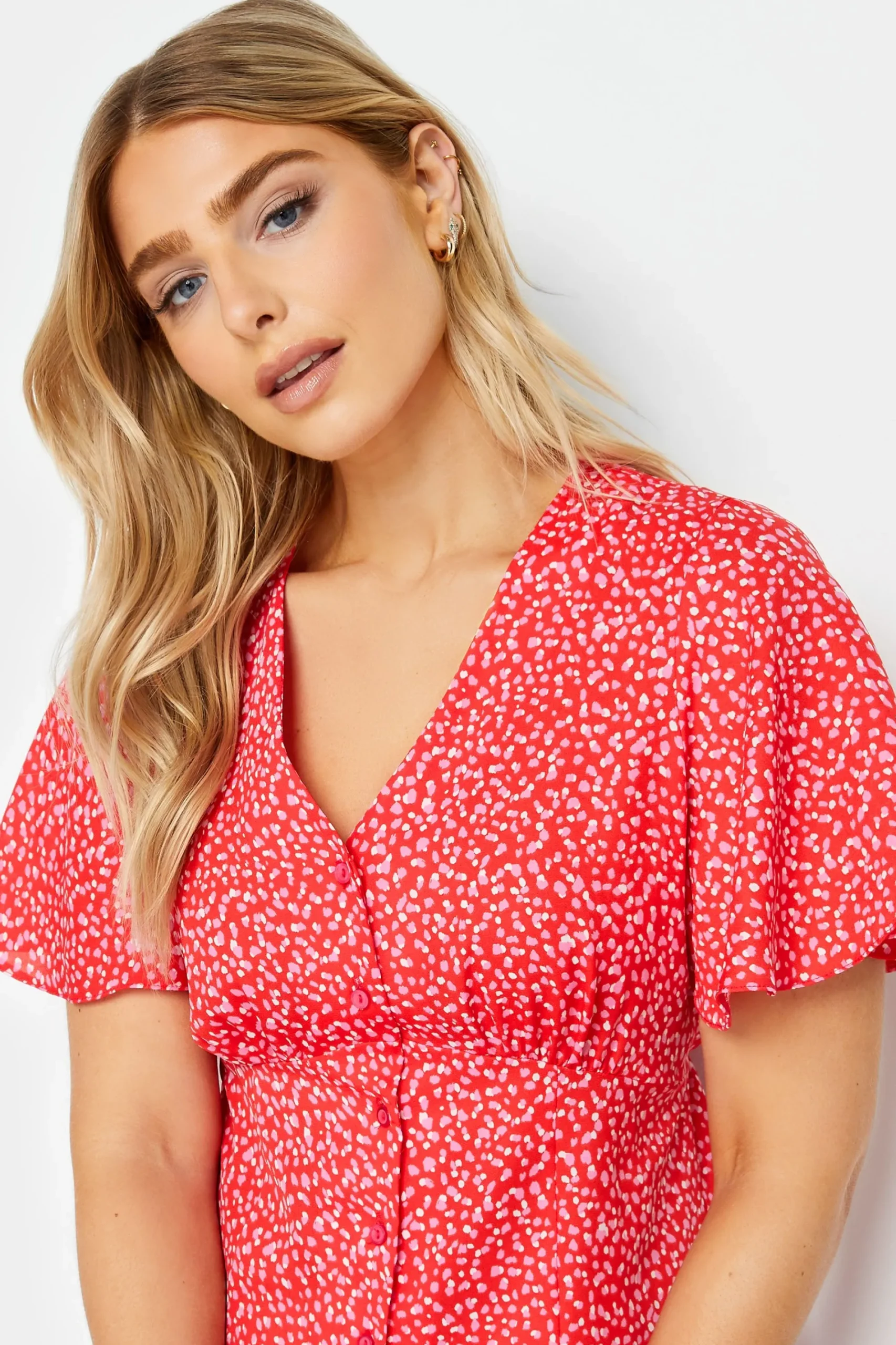 M&Co Womens Red Ditsy Spot Print Midi Button Through Tea Dress>Women Midi Dresses