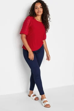 M&Co Womens Red Dobby Sleeve Blouse>Women Shirts