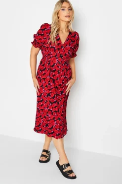 M&Co Womens Red Floral Print Button Through Dress>Women Wedding Guest Dresses