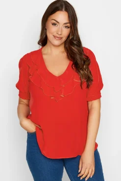 M&Co Womens Red Frill Front Blouse>Women Short Sleeve Tops