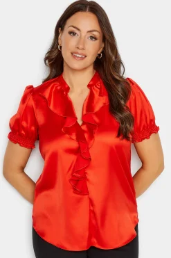 M&Co Womens Red Frill Satin Blouse>Women Short Sleeve Tops