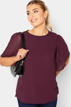 M&Co Womens Red Gem Detail Angel Sleeve Blouse>Women Blouses