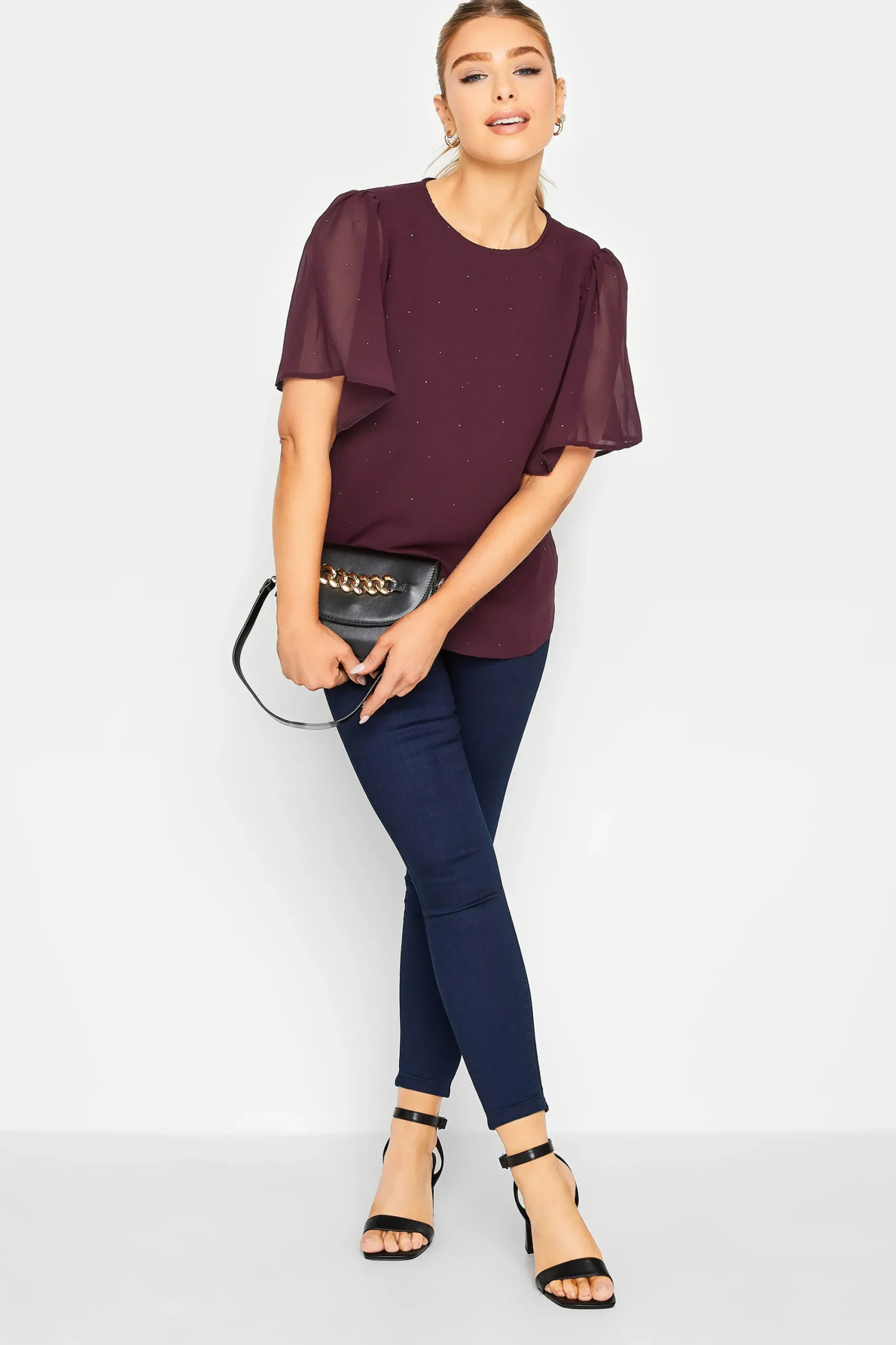 M&Co Womens Red Gem Detail Angel Sleeve Blouse>Women Blouses